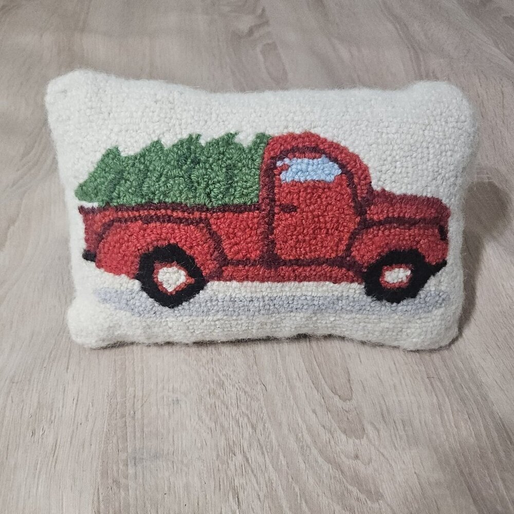 Little Red Truck Hooked Wool Throw Pillow Christmas Small Decorative 12x8in